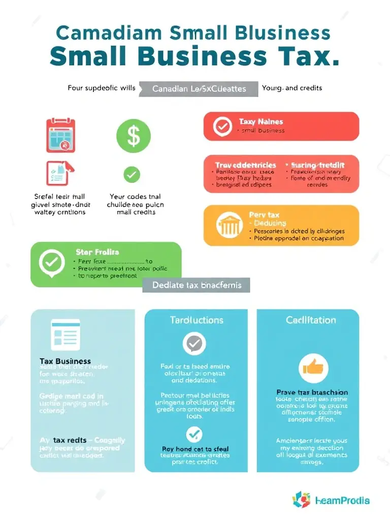 A visual representation of tax deductions and credits available to Canadian small businesses, presented in an infographic style.