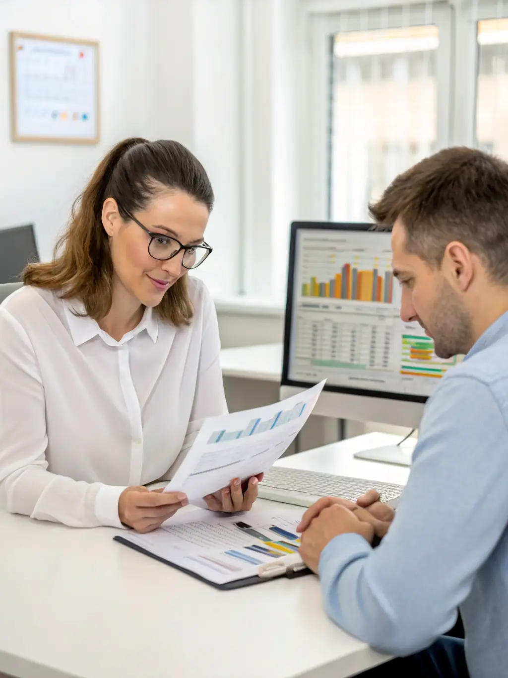 An image of a professional accountant working on tax documents with a small business owner in a modern office setting, highlighting collaboration and expertise.