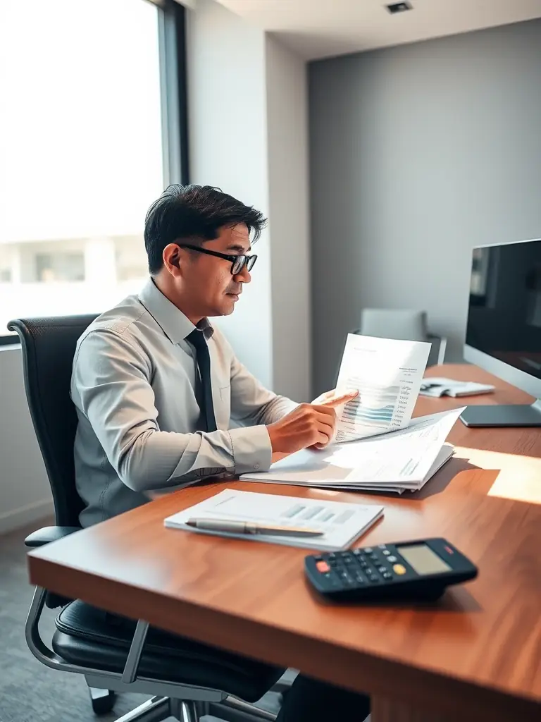 An image of a professional accountant working on tax documents with a small business owner in an office setting, discussing tax planning strategies.
