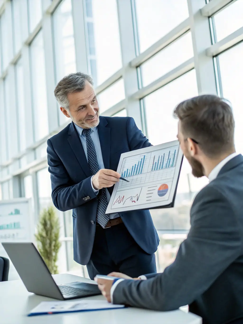 An image of a financial consultant presenting a clear and concise financial report to a small business owner, highlighting key performance indicators.