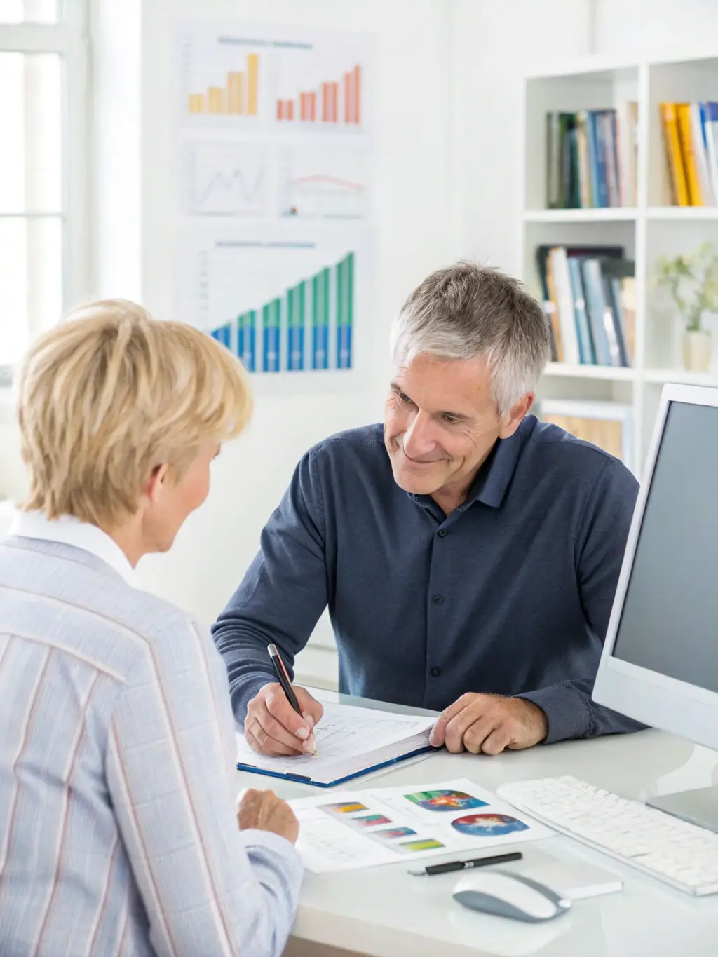 An image of a financial advisor reviewing cash flow charts on a computer screen with a small business owner, both smiling and engaged in the discussion.