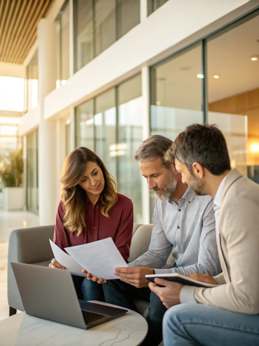 A professional accountant reviewing financial statements with a small business owner in a modern office setting, emphasizing collaboration and trust.